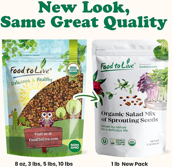 Food to Live Organic Salad Mix of Sprouting Seeds, 3 Pounds — Non-GMO Broccoli, Radish, Clover, Alfalfa. Rich Germination Rate, Non-Irradiated, Kosher, Vegan Superfood, Bulk, Rich in Sulforaphane