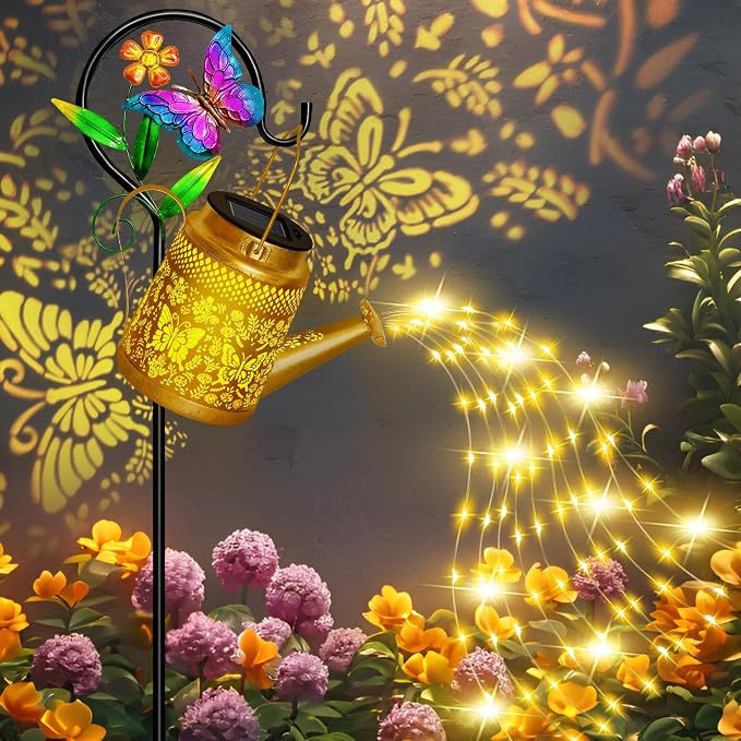 Solar Garden Decor Watering Can Lights Outdoor Waterproof, Butterfly Hanging Lantern with Shepherd Hook, Waterproof Garden Lights for Outdoor Landscape Pathway Yard, Gifts for Mom Grandma Mothers Day