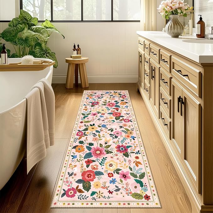 Floral Washable 2x6 Area Rugs Runner Entryway Hallway Pink | Flower Carpet, Print, Boho, Non-Slip, Easy to Clean, Low Pile, Soft, for Living Room Bedroom Kitchen Office Entrance