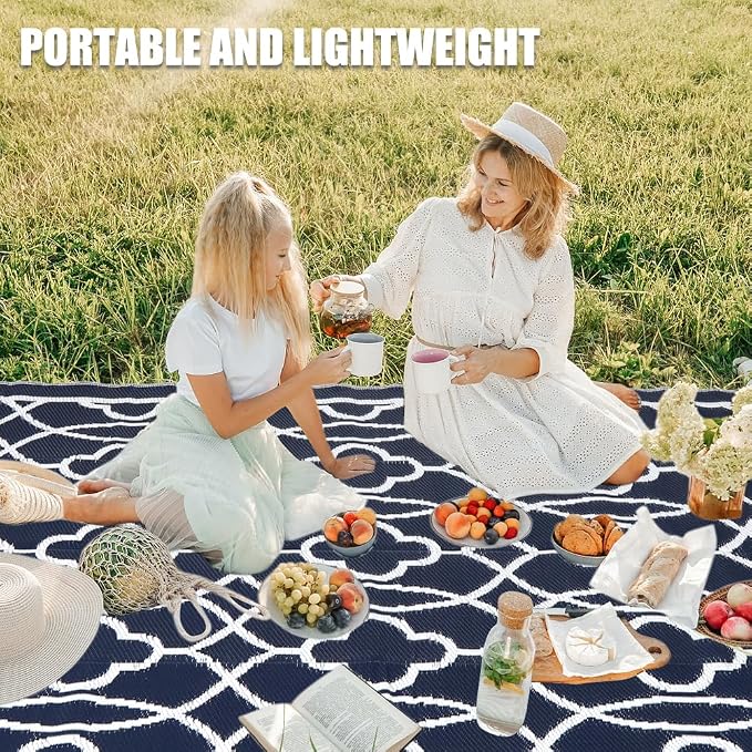 Pendolr Outdoor Rugs 9x12 for Patios Clearance - Waterproof Reversible Indoor Outdoor Rugs Carpet, Portable Plastic Straw Rug for RV Camping, Picnic, Beach, Porch, Deck(01#,Navy&White)