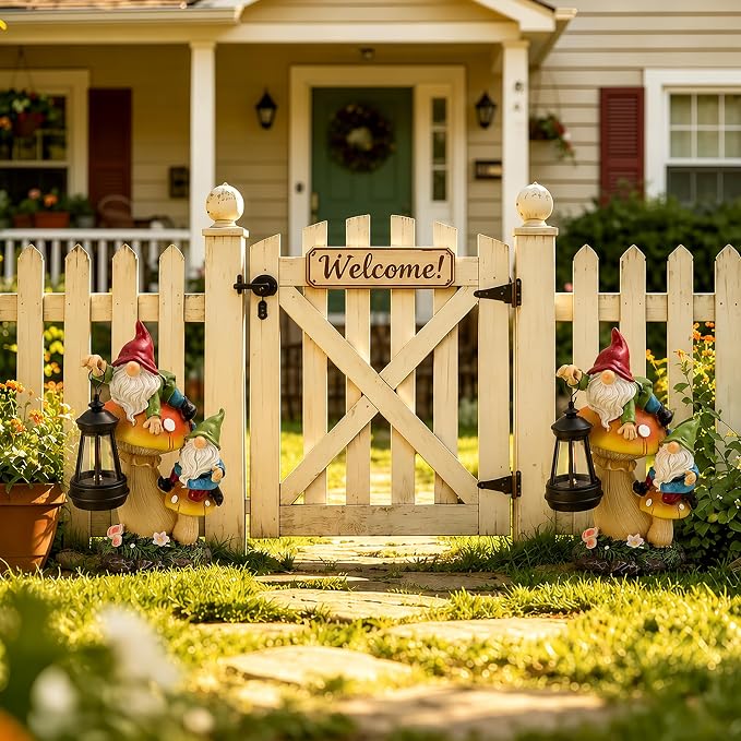 Solar Garden Gnome Statue Climbing on Mushroom with LED Lantern | Waterproof Resin Decor for Fairy Garden, Porch & Lawn, Handcrafted Funny Figurine, Unique Gift for Mom & Women