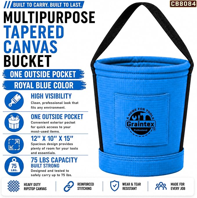 Graintex Tapered Canvas Bucket 12"x10"x15", Utility Tool Bucket One Inside Pocket, Reinforced Base & Carry Handle, Ripstop Canvas - Royal Blue