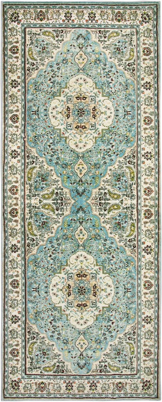 Lahome Felice Floral Medallion Runner Rug - 2x5 Laundry Rug Runner Soft Non-Slip Washable Low-Pile Bathroom Mat, Indoor Throw Floor Carpet Runners for Kitchen Entryway Bedroom RV, Sky/Baby Blue