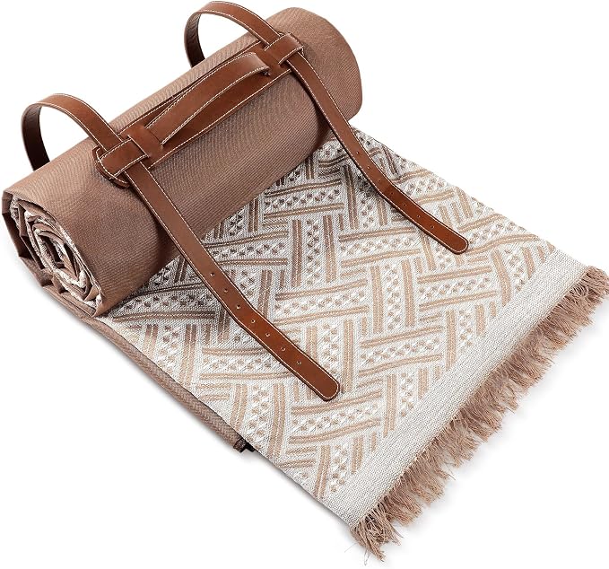 VitalCozy Waterproof Picnic Blankets 71×71 inch Outdoor Blanket Foldable 2 in 1 Double Layer Sandproof Beach Mat with Carry Strap for Camping Lawn Park Beach Grass(Khaki)
