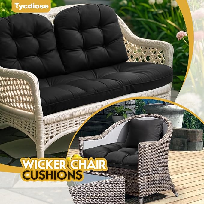 All Weather Wicker Chair Cushions of 3 Pieces, Waterproof Outdoor Wicker Chair Cushion for Patio Furniture Loveseat Settee Bench, 1 Loveseat and 2 U-Shaped Thickened Cushions, Black