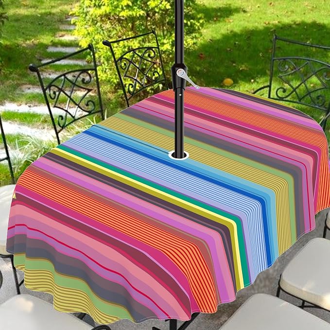 Outdoor Tablecloth with Umbrella Hole and Zipper, Oval Patio Table Covers for Spring/Summer, Machine Washable Outdoor Picnic Table Cloth (02stripes, 60" × 84" Oval)