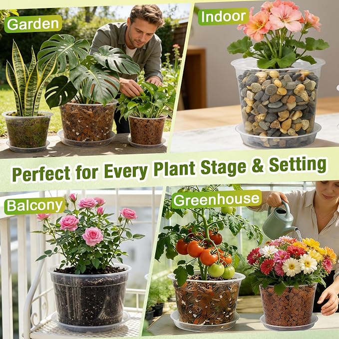12/10/8/6/4 Inch Clear Nursery Pots with Drainage and Saucers, 20 Pack Large Clear Plastic Nursery Pots for Plants, Seedling Plant Pots for Repotting and Growing Plants, Flowers & Vegetables