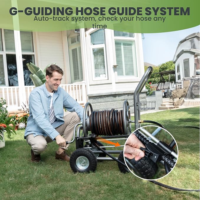 Giraffe Tools Heavy Duty Garden Hose Reel Cart with Wheels - Industrial Outdoor Hose Storage Reel, Pre-Installed Guide for 250-Feet of 5/8" Hose Capacity
