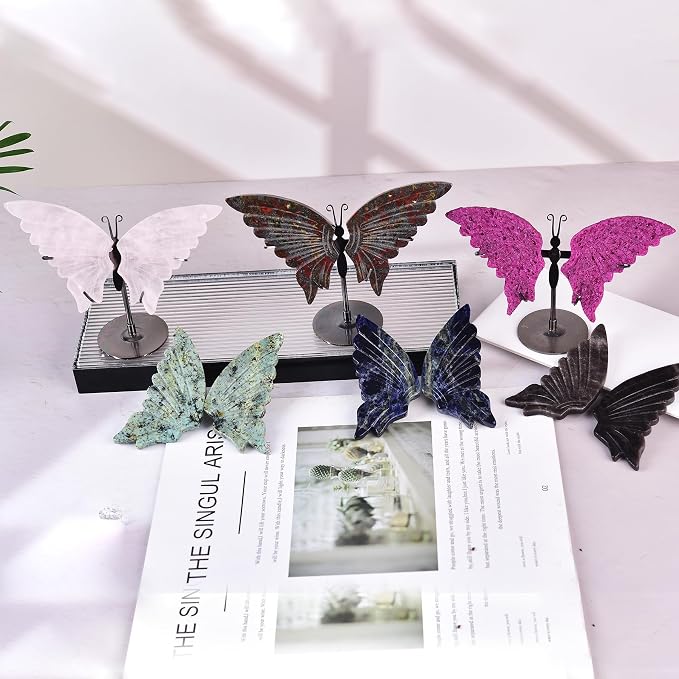 JIC Gem Large Blue Sodalite Quartz Crystals Butterfly Art Decorative Stones Natural Blue Rocks Healing Crystal Carved Angel Wings with Display Decor Reiki Gifts (1pair, 10cm)