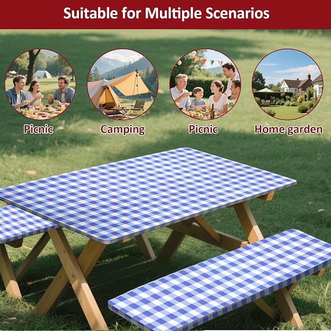 6ft Picnic Table and Bench Cover, Camping Essentials RV Gear, 72in Waterproof Windproof Outdoor Elastic All Around Tablecloth, Fitted Rectangle Tables and Seats, Blue-White Checkered