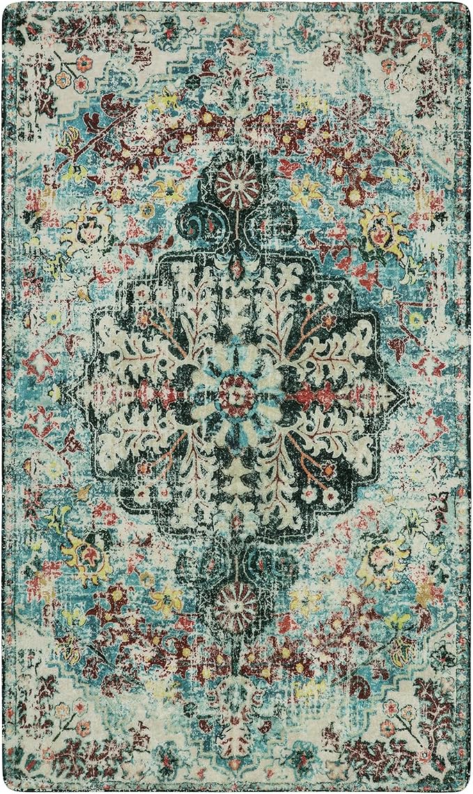 Lahome Boho Bohemian Area Rug - 2x3 Small Washable Bathroom Entryway Kitchen Rug,Floral Medallion Non Slip Pet Friendly Vintage Throw Carpet for Indoor Front Door Sink Living Room Bedroom,Teal