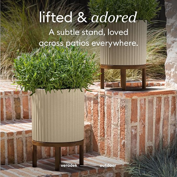 Veradek Demi Series Round Planter w/Stand for Porch/Patio | Durable Plastic-Stone Composite & Wooden Stand | Modern Décor for Tall Plants, Flowers