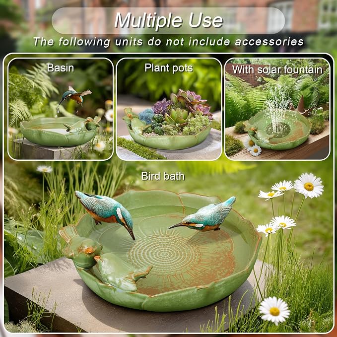 Ceramic Bird Bath for Outdoors, 10 Inch Bird Bath Bowl Only, Heavy Duty Ground Bird Feeders Tray, Durable Bird Feeding Bowl for Yard and Garden, Green