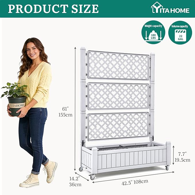 YITAHOME 43.3x17.7x61 in Planter Boxes Outdoor with Trellis, Resin Raised Garden Bed with Wheels & Drain Plug for Climbing Plants, Weather-Resistant Design Elevated Garden Bed with Trellis, White