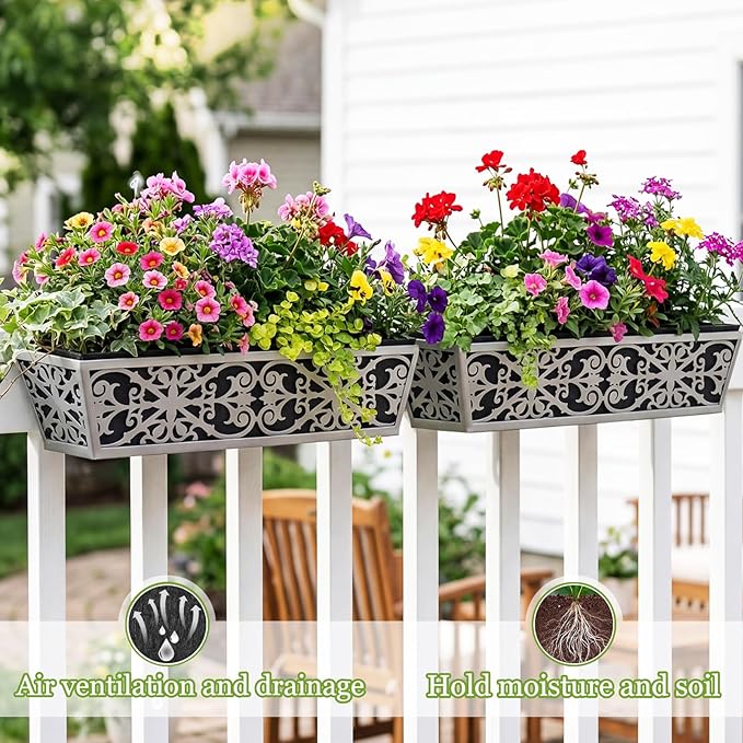 2 Pack 24 Inch Window Boxes Planter for Outdoor Plants Deck Railing Planters Box with Adjustable Brackets for Porch Fence Balcony Hanging Flower Baskets with Non-Woven Fabric Liner for Garden Decor