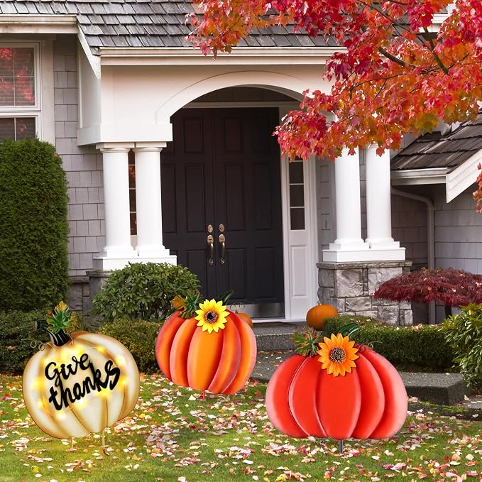 Fovths 39 Inches 3 Pieces Thanksgiving Metal Outdoor Fall Decorations, Giant LED Pumpkin Garden Lawn Patio Yard Signs, Metal Fall Waterproof Yard Sign for Home Thanksgiving Harvest Driveway Decor