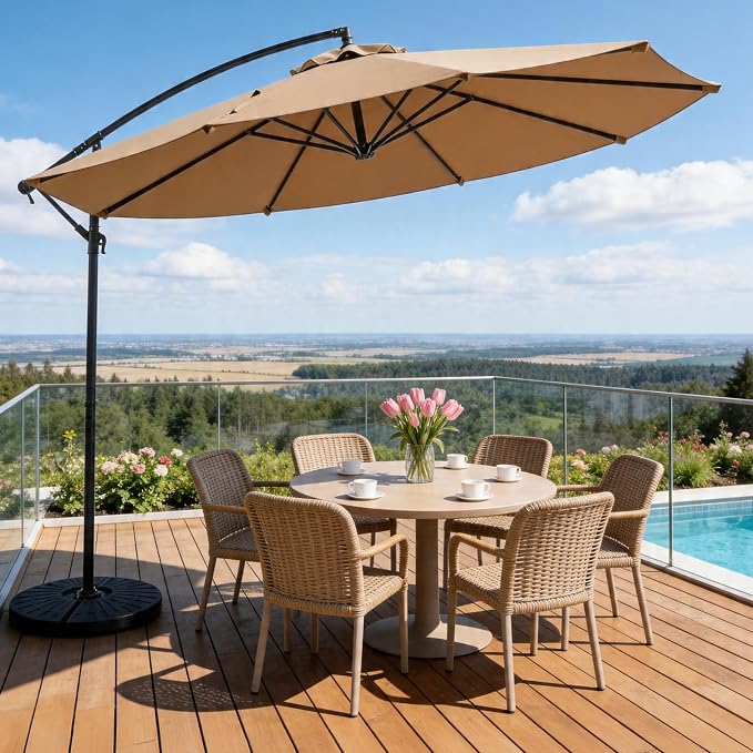 10FT Patio Umbrella, Cantilever Outdoor Umbrella with 360° Rotation & Tilt Adjustment, Offset Patio Umbrella with UV-Resistant Waterproof Canopy for Backyard, Pool, Garden