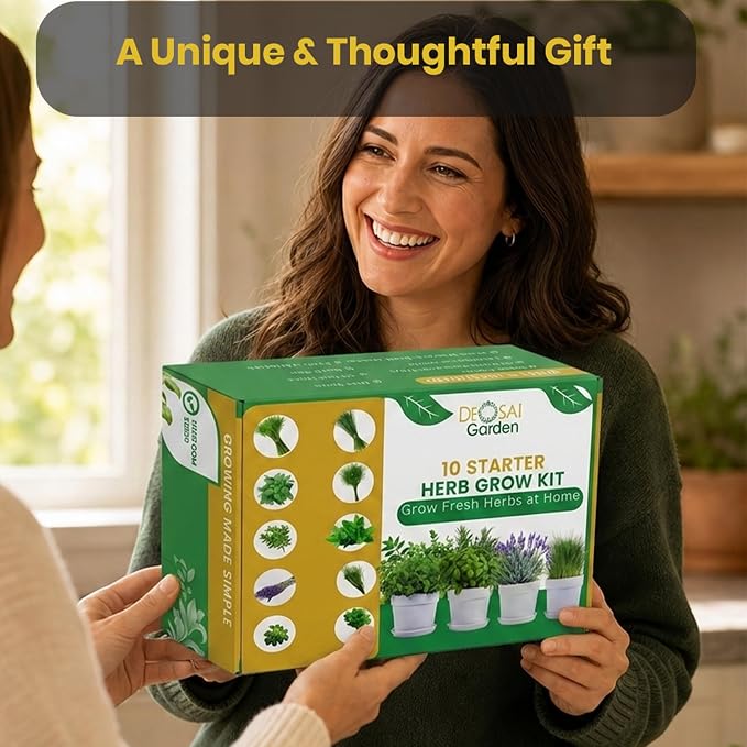 47 PCS Herb Garden Seeds Starter Kit, 10 Non-GMO Culinary Herb Seeds with Beige Pots & Planters for Windowsill, Herb Growing Kit Indoor & Outdoor, Unique Herb Garden Gift Set for Gardening Lovers