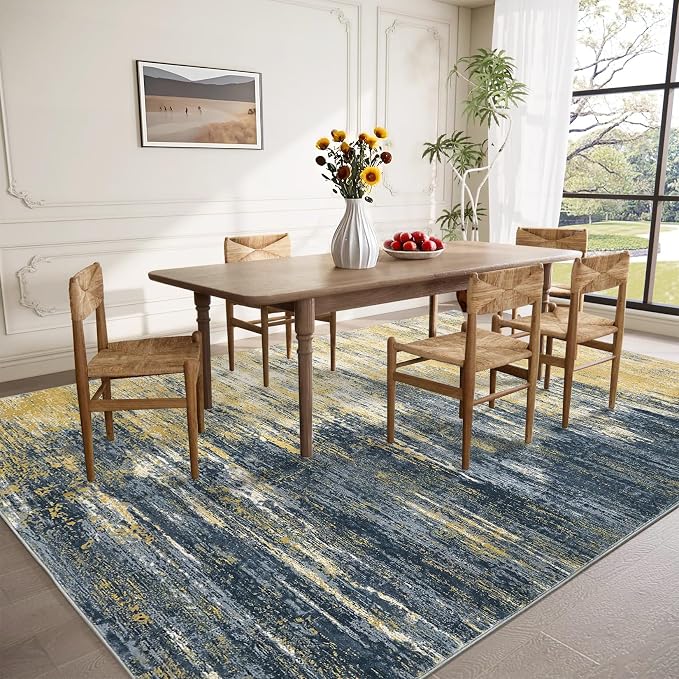 ROYHOME Modern Abstract Living Room Rug 8x10, Yellow/Black | Washable Area Rugs for Bedroom, Stain Resistant Non Slip Large Rug, Soft Indoor Carpet for Dining Room Table Home Decor
