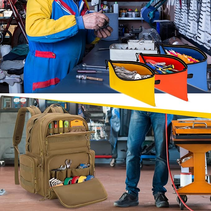 Rexmica Tool Bag Backpack for Men with 3 Tool Pouches, Heavy-Duty Tool Storage Organizer Bag with Padded Shoulder & Waist Support, Tactical Work Tool Bag for Electrician, Repairman, HVAC Techs, Khaki