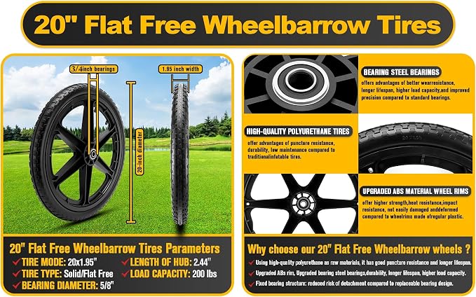 20" Flat Free Wheels Compatible with rubbermaid Wheelbarrow Tires,20" Flat Free Wheels Replacement for Rubbermaid 3/4" Bearings,600LB Capacity Utility Cart Tires | Lawn Mower Garden Hand Truck Wheel