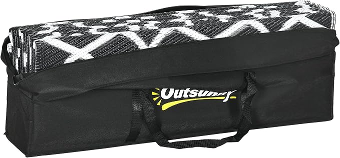 Outsunny Outdoor Rug for Patio, 9' x 18' Waterproof Large Mat, Reversible Plastic Straw Rug for Decor, Portable Outside RV Camping Area Carpet Mat for Backyard Porch Deck Picnic, Black & White Clover