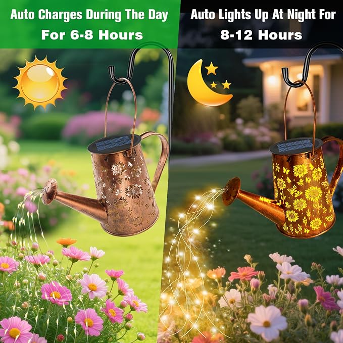 VOOKRY Solar Lights Outdoor Decoration, Large Retro Hanging Metal Solar Watering Can Lights Waterproof Sunflower Garden Decor Outside for Yard Lawn Patio Porch, Birthday Gifts for Women Mom Grandma