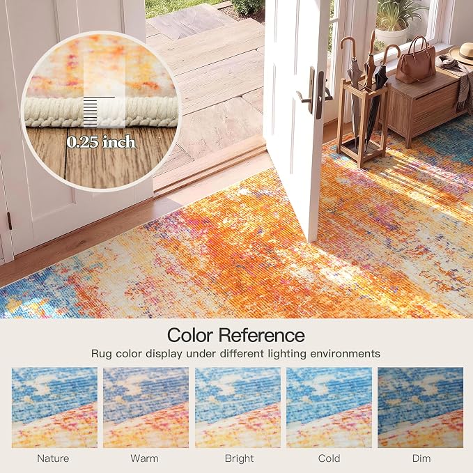 9x12 Area Rug for Living Room, Abstract Washable Large Rugs, Multicolor | Neutral Modern Carpet for Bedroom, Dining Room, Home Office Nursery Indoor, Stain Resistant, Low Pile, Non-Shedding Rug
