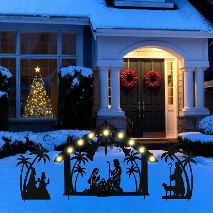 3Pack Lighted Metal Nativity Scene Garden Stake,Solar Christmas Decorations Outdoor,Silhouette Nativity Set Outside for Yard Decor