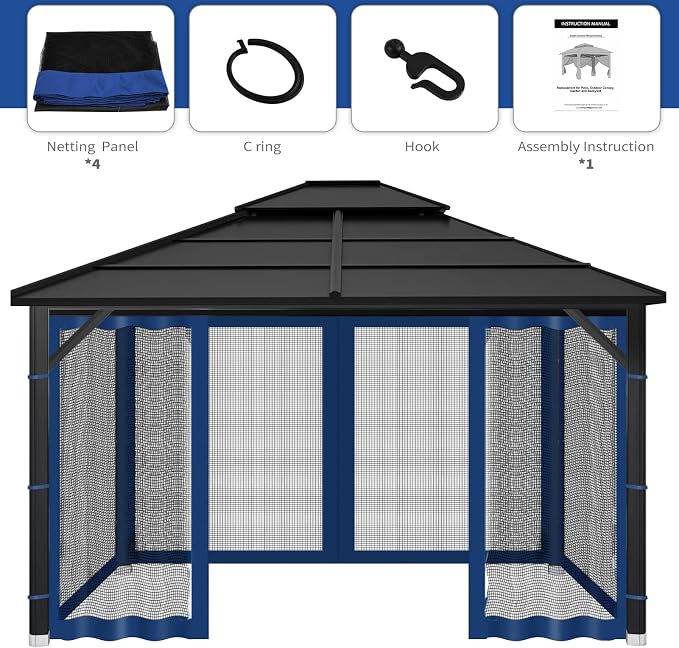 Gazebo Replacement Mosquito Netting Outdoor Universal Gazebo Canopy 4-Panels Screen Sidewalls with Zipper for Patio Garden (Navy Blue, 10x12)