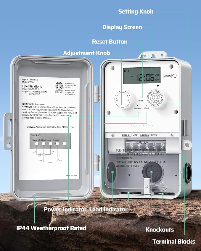DEWENWILS Pool Pump Timer, Outdoor Digital Timer Box, 3HP 40A 240VAC, 7-Day 12 ON/Off Programmable Timer Switch for Pool Pump, Water Heater, Pool Filter, Landscape Lights, ETL Listed