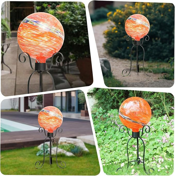 VCUTEKA Gazing Ball, Glass Gazing Balls Garden Globe Decor 10" Orange | Handcrafted orange swirl glass gazing balls that creates elegant garden focal point in any outdoor landscape yard decorative