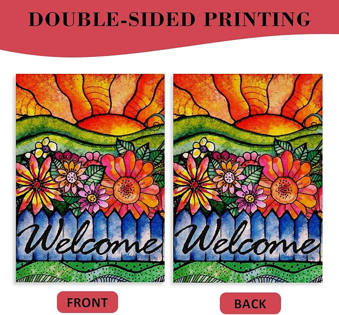 Home Decorative Welcome Spring Watercolor Flowers Garden Flag, Summer Sunshine House Yard Abstract Floral Outside Decorations, Sunrise Farmhouse Seasonal Outdoor Small Decor Double Sided 12x18