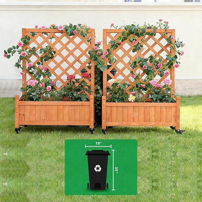 2 Pack Trellis Raised Garden Bed with Wheels, 38" Tall Wooden Planter Box with Trellis, Lattice Privacy Screen with Drainage Holes for Patio Balcony Garden