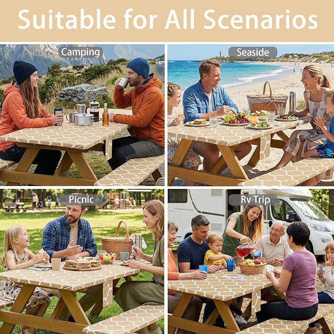 Fitted Waterproof Picnic Table Cover with Bench Covers Elastic Edges Camping Tablecloth for 8 Foot Rectangle Tables Camp Cooking Motorhome Party Equipment Car Rv Travel Trailer Needs Gifts