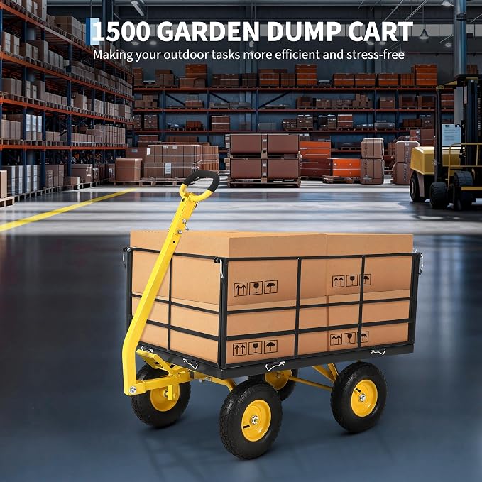 Garvee 1500 LB Garden Dump Cart with 13 in All Terrain Tires, 3-in-1 Yard Wagon Cart with Removable Side Panels, Heavy Duty Outdoor Metal Utility Wagon Yard Trailer for Outdoor Lawn, Yard, Backyard | 13 in All Terrain Tires, 3-in-1 Utility Yard Wagon C...