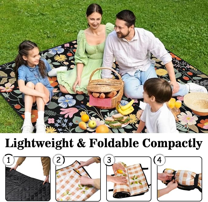 Picnic Blankets Waterproof Foldable Extra Large,80"x 80" Outdoor Beach Blanket Sandproof,3-Layer Lightweight Handy Mat Tote Picnic Camping Rugs for Outside Your Rv (Strawberry Floral)