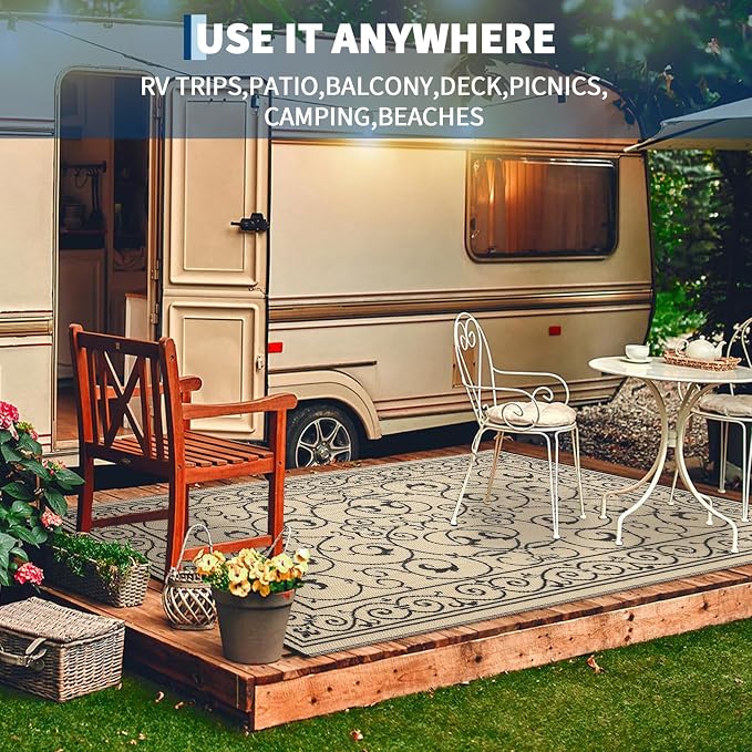 Garvee 8x10 Outdoor Rug Waterproof Plastic Straw Rug Outdoor Patio Rugs Reversible Mat Easy Clean Foldable Lightweight Large Area Rugs for Patio Porch Backyard Camping RV Beach Balcony Vintage Beige