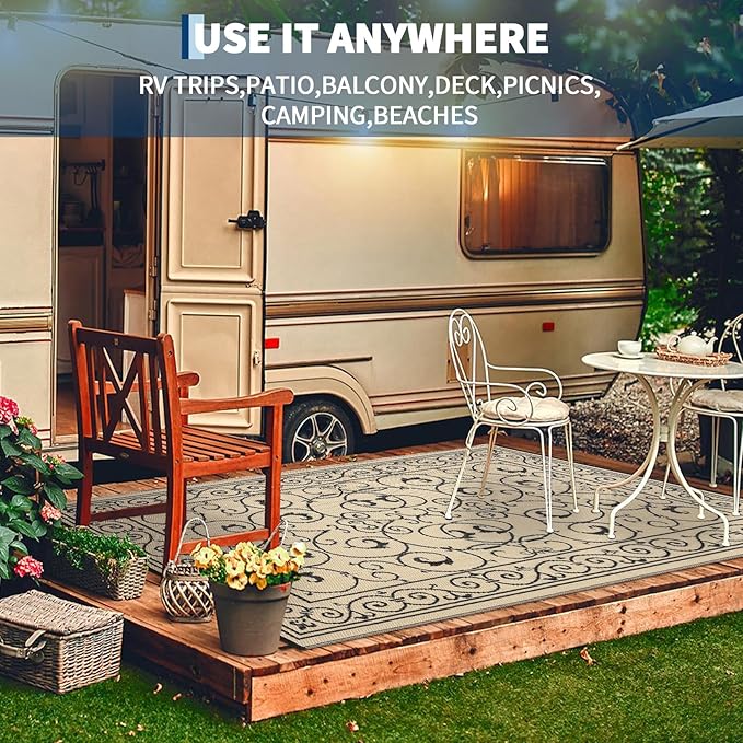 Garvee 9x12 Outdoor Rug for Patio Plastic Straw Rug Waterproof Reversible Mat Lightweight Foldable Carpet Easy Clean Large Rugs for Patio Porch Backyard Camping RV Beach Balcony Deck Vintage Beige