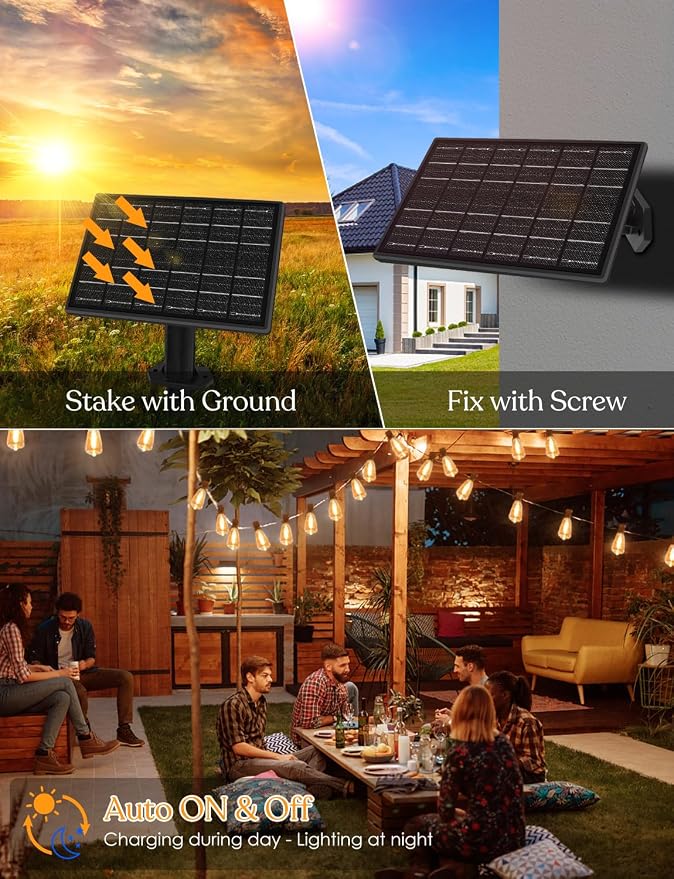 200ft Solar Outdoor String Lights with Remote - USB Rechargeable Solar Powered Outdoor Patio Lights - Larger 3.5W Solar Panel, Timer, Dimmable Shatterproof ST38 Bulbs for Backyard, Garden, Pool