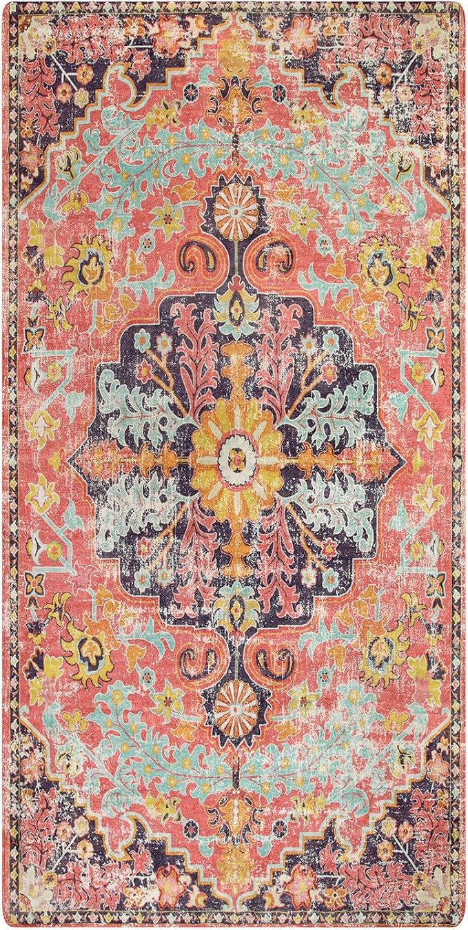 Lahome Reine Bohemian Floral Medallion Runner Rug, 2x4 Pink Bathroom Rug Runner, Machine Washable Non-Slip Hallway Mat Indoor Laundry Carpet Runners for Kitchen Living Bedroom, Fuchsia/Multi