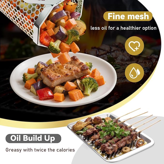Octagonal Grill Basket, Heavy Duty 304 Stainless Steel BBQ Grilling Basket, Removable Handles, Nesting Storage, Smoker Camping Accessories, Gifts for Men Dad Husband(2PCS)