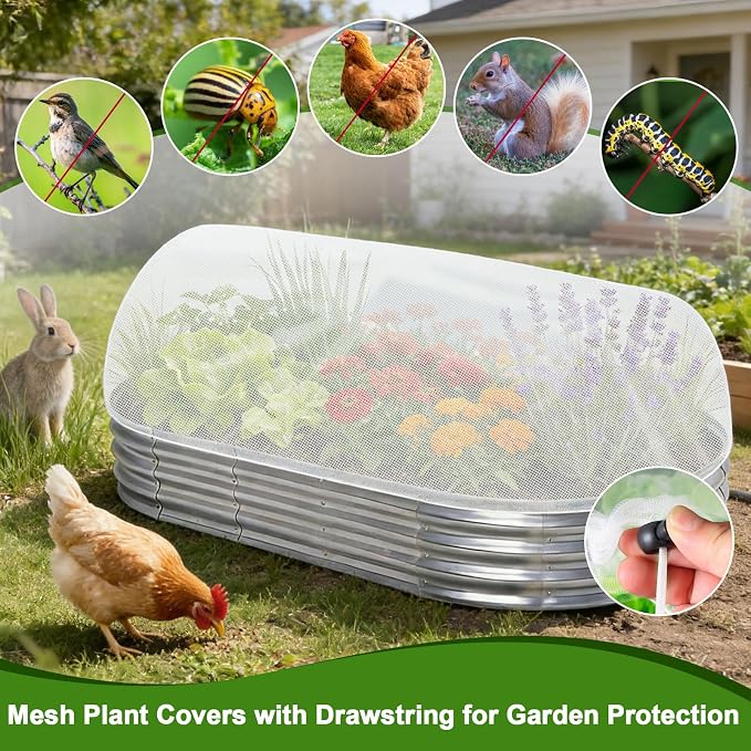 2 Pack Garden Netting for 6x3FT Raised Beds, Ultra-Fine Mesh Plant Covers with Drawstring&10 Clips, Bird, Pest & Small Animal Barrier for Protecting Vegetables, Fruits & Flowers