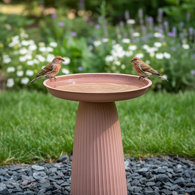 Sunnydaze Gleeful Garden 23" Iron Pedestal Bird Bath for Outside - Modern Shallow Basin Birdbath for Outdoors with UV-Protected Rust-Resistant Finish for Patio, Garden, Yard Decor - Matte Canyon Clay