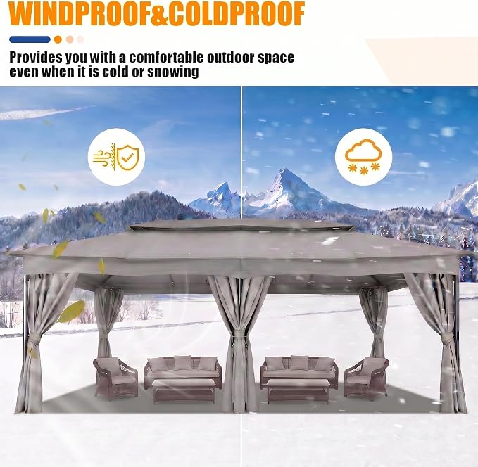 COBIZI Gazebo 12x20 FT Outdoor Gazebo on Clearance with Double Ventilated Arc Roof, Privacy Curtains & Mosquito Netting, Easy Set up Canopy Tent with Stable Metal Frame for Patio Gray