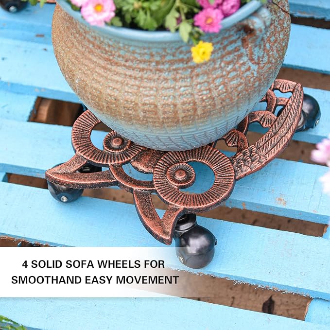 Sungmor Heavy Duty Cast Iron Plant Caddy with Wheels - 2 Pack Vintage Owl Design Plant Stand, Metal Rolling Plant Tray for Indoor & Outdoor Use - 11 Inch, Antique Bronze