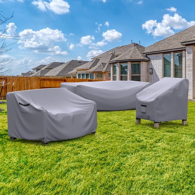 Patio Furniture Set Cover Waterproof, Heavy Duty Funiture Covers for Outdoor Sectional Sofa Set Wicker Rattan Table Chair Rectangular,111"L×74"W×28"H,Grey