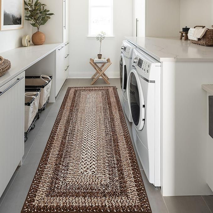 RUGSREAL Washable 2x10 Runner Rug for Hallway Kitchen Modern Runner Rugs | Long Runner Throw Carpet with Rubber Backing, Stain Resistant Braided Printed Entryway Carpet for Bedroom Living Room, Brown