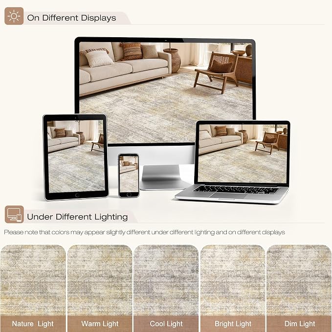 cotiled Boho 8x10 Area Rugs for Living Room: Large Moroccan Washable Rug | Solve Modern Neutral Trendy Home Decor - Stain Resistan Carpet for Bedroom Farmhouse Dining Room Gold Brown