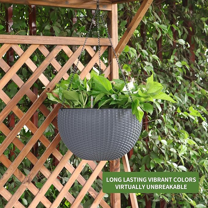 Dexceder 10.5 Inch Self Watering Hanging Planter (Gray) | Thickened Large Hanging Basket Flower Plant Pot with Water Level Indicator Indoor Outdoor